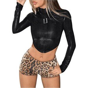 Milumia Women's Textured Zip Front Mock Neck Buckle Decor Leather Crop Jackets